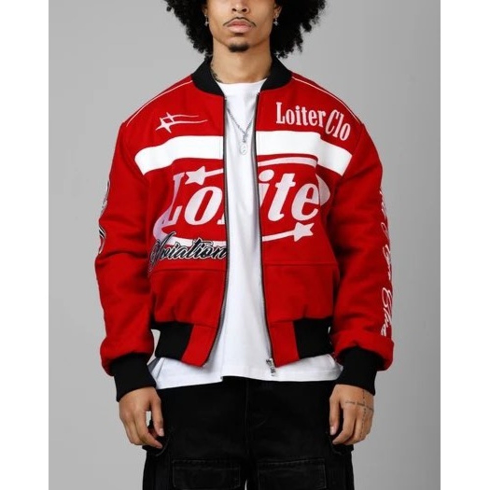 Loiter Aviation Varsity Bomber Jacket Red White Graphic Embroidered Mens Large